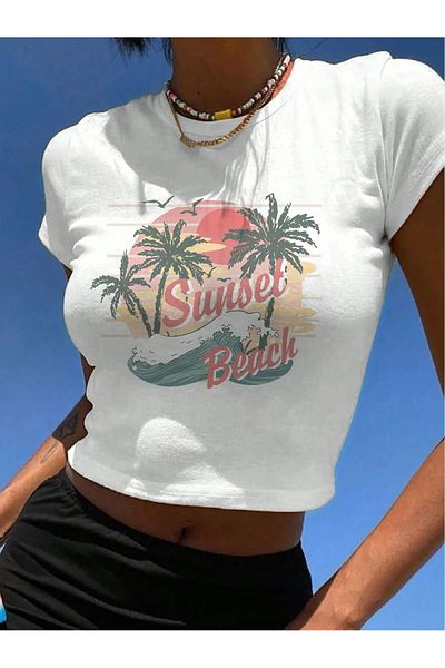 Bengi Clothing Λευκό εμπριμέ γυναικείο Crop Top - Y2k κοντομάνικη μπλούζα