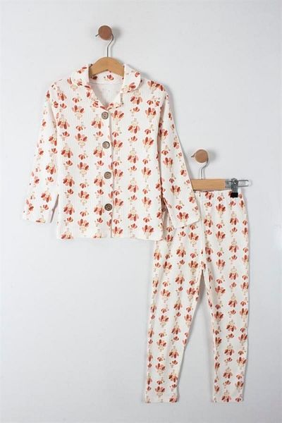 BOYS AND GİRLS 2 Piece Pajama Set with Peacock Pattern and Button Detail