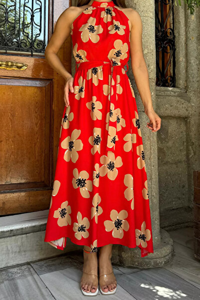 GÜLSELİ Patterned Viscose Dress - Red, Waist Belted