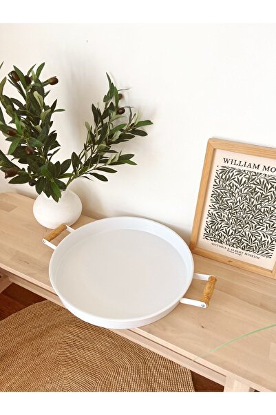 KaiHome Country Style 47cm Round Large Size White Tray with Wooden Handles