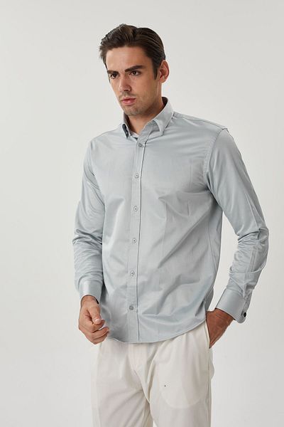 Enzio Garino Cotton Gray Shirt - Lycra Regular Fit with Both Buttons and Cuffs