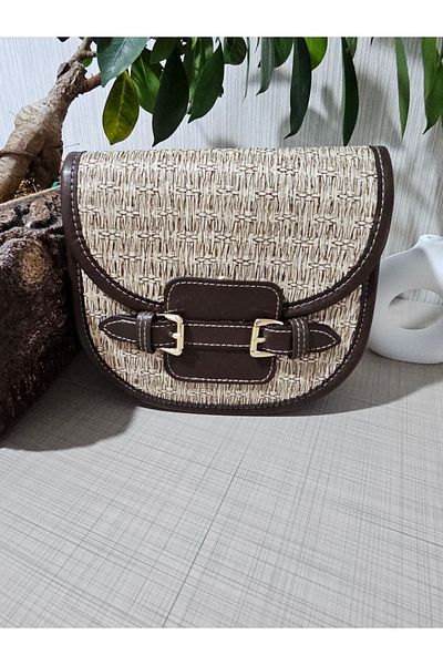 ÇANTA Dark Brown/Cream Colored Straw Detailed Adjustable Strap Shoulder Bag