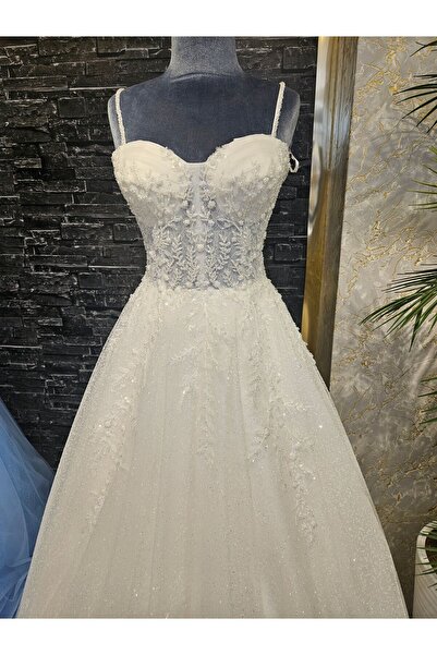 BY SD MY DREAM Yoğun simli drapeli askılı kalp yaka gelinlik