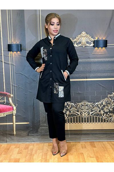 Yeşilmoda High QualitY Black Cotton Tunic and Sequin Top and Bottom Set
