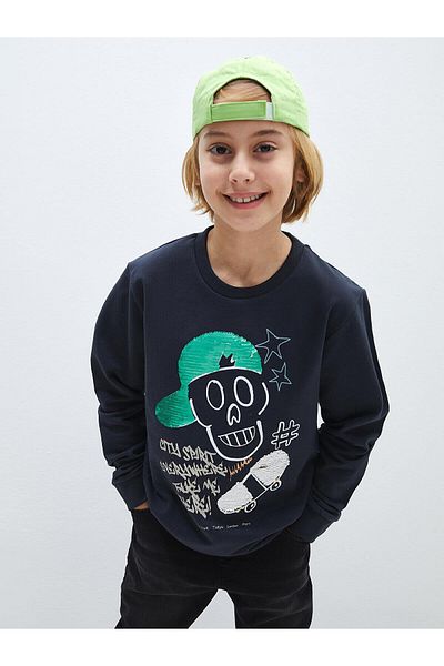 LC Waikiki LCW Kids Boys Sweatshirt - Crew Neck, Printed, Reversible Sequined, Long Sleeve