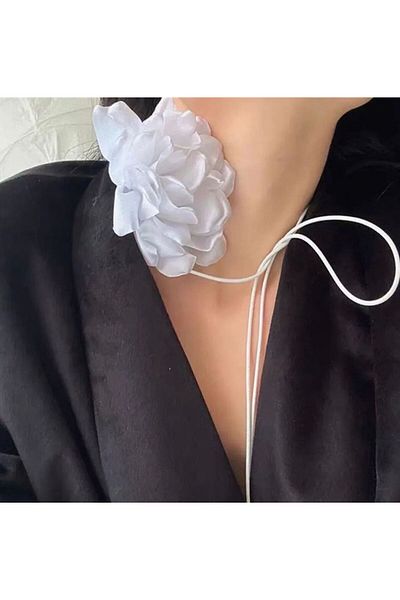 Rachel White Satin Laced Rose Choker Neck Accessory - 11 cm
