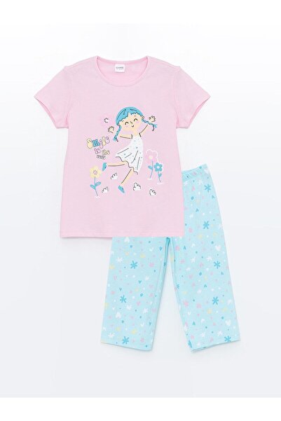 LC Waikiki LCW DREAM Bisiklet Yaka Baskılı Kısa Kollu Kız Çocuk Pijama Takımı