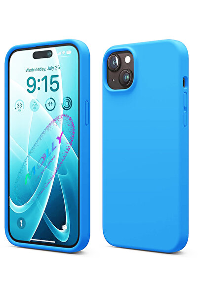 Molly iPhone 14 İçin Gökyüzü Mavisi Liquid İçi Kadife Silikon Kılıf