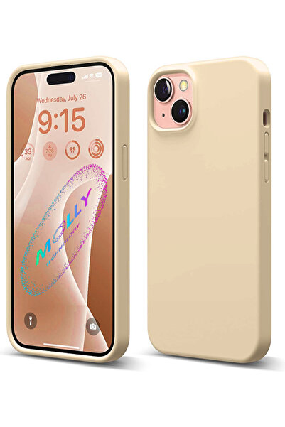 Molly iPhone 14 İçin Bej Liquid İçi Kadife Silikon Kılıf