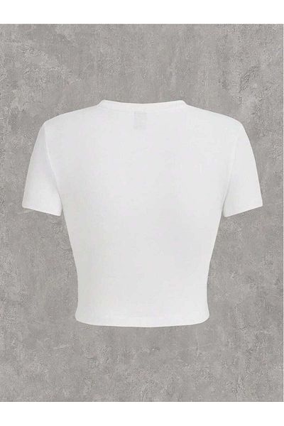 Bengi Clothing White Printed Women's Crop Top - Y2k Short Sleeve Blouse