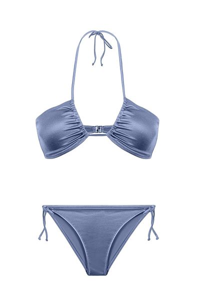 AQUELLA Strapless Satin Navy Blue Halter Bikini Set