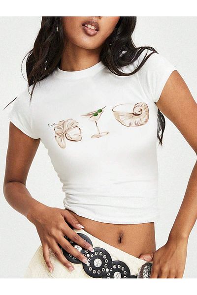 Bengi Clothing Λευκό εμπριμέ γυναικείο Crop Top - Y2k κοντομάνικη μπλούζα