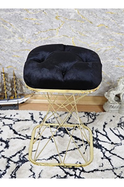 ZAFİR Kare Gold Kaplama Siyah Puf Oturak - Bench - Ayak Ucu Oturak - Tabure -...