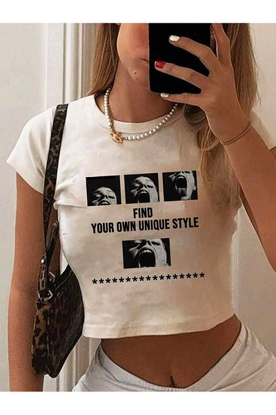 Bengi Clothing Λευκό εμπριμέ γυναικείο Crop Top - Y2k κοντομάνικη μπλούζα