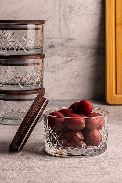 Snippy Milla 12-Piece Wooden Vacuumed Glass Breakfast Multi-Purpose Glass Snack Bowl with Lid 230 ml