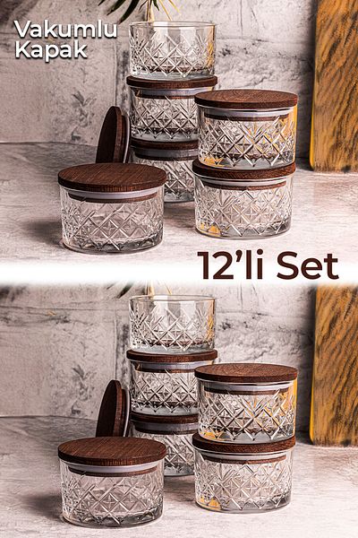 Snippy Milla 12-Piece Wooden Vacuumed Glass Breakfast Multi-Purpose Glass Snack Bowl with Lid 230 ml