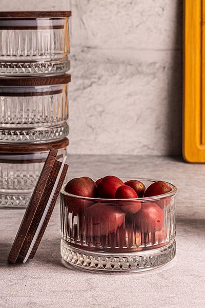 Snippy Bella 12-Piece Wooden Vacuumed Glass Breakfast Multi-Purpose Glass Snack Bowl with Lid 235 ml