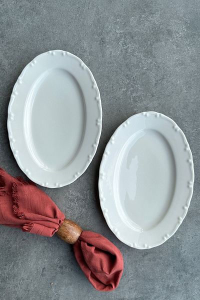 porselenden Lianna Cream - 25 cm Medium Size 2-Piece Appetizer Presentation Boat Plate Set