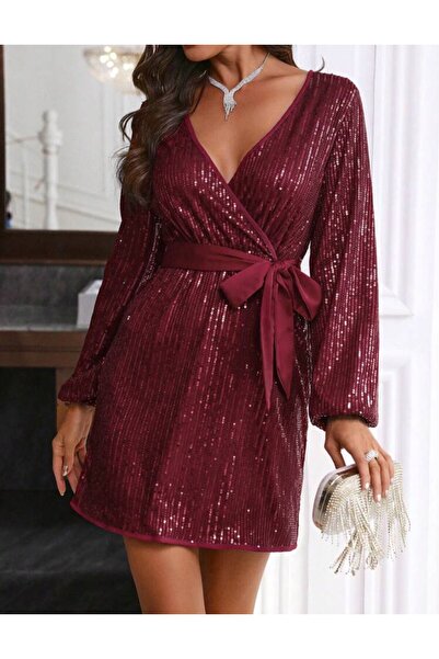 Styling Park Uzun Kol  Kuşaklı Pul Payet Mini Abiye Elbise