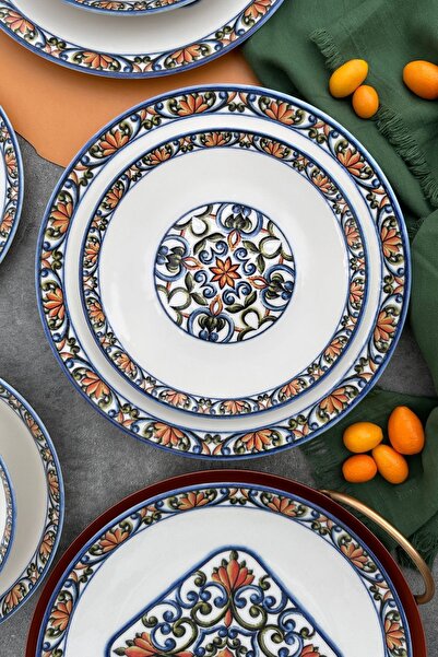 porselenden Verde 24 Parça 6 Kişilik Özel Tasarım Dokulu Mavi Desenli Premium Porselen Yemek Takımı