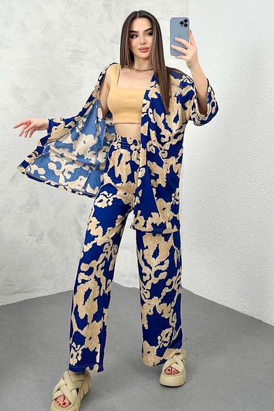 trendalisse Blue Patterned Women's Palazzo Kimono Set - Wide Leg