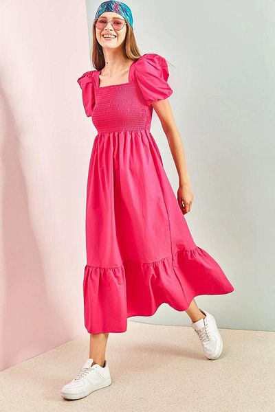 trendalisse Women's Fuchsia Flounced Chest Elastic Balloon Sleeve Summer Bodrum Dress