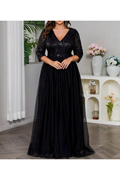 Styling Park Pul Payet Detaylı Truvakar Kol V Yaka Uzun Şifon Abiye Elbise