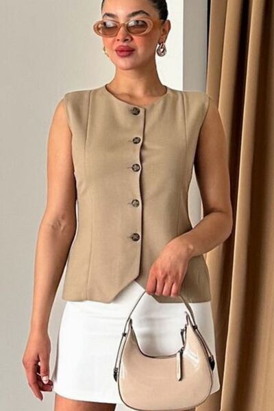 trendalisse Women's Crew Neck Carina Buttoned Woven Vest