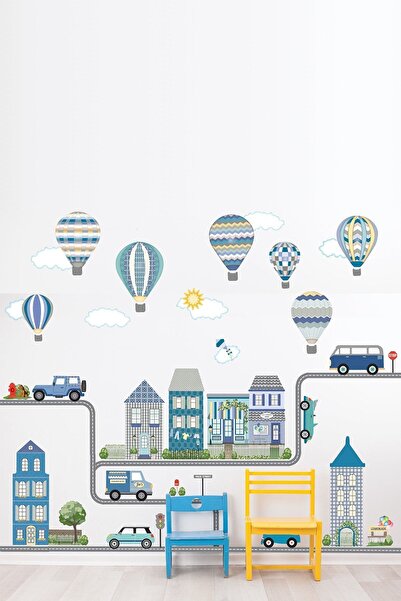 Kt Grup Erkek Çocuk Odası Muhteşem Şehir Taşıtlar Yollar Evler Ve Balonlar Me...