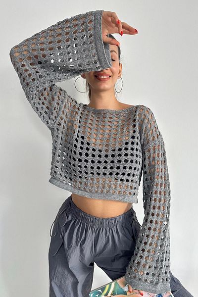 Elizan Mânecă spaniolă crop gri cu găuri