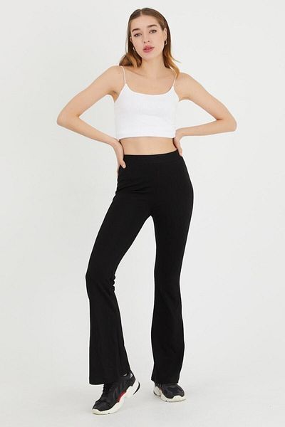 Pink Bear Women's Black Flare Leg Steel Knitted Gathering Trousers Leggings
