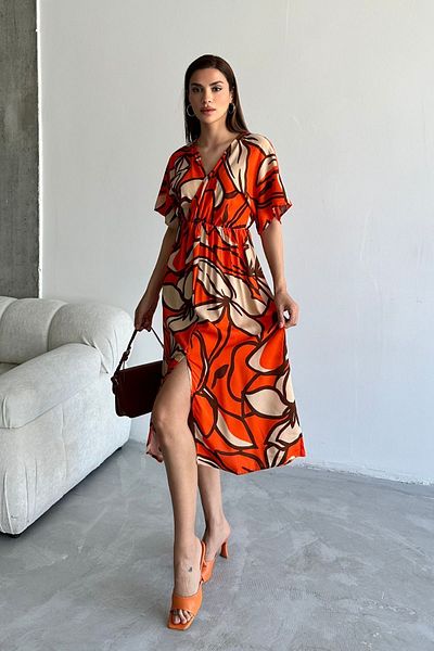 trendalisse Rochie de vară, portocalie, cu decolteu în V, lungă în față, din viscoză
