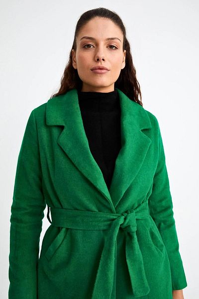 trendalisse Palton lung de cașmir, căptușit cu curea verde, pentru femei