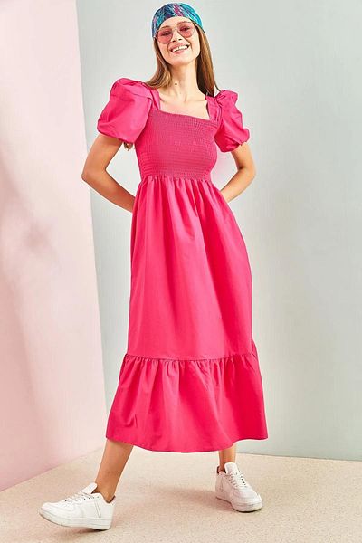 trendalisse Women's Fuchsia Flounced Chest Elastic Balloon Sleeve Summer Bodrum Dress