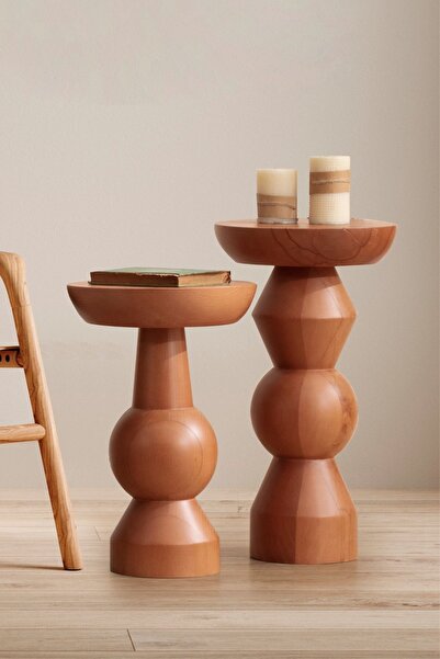 More Wood Design Doğal Ahşap 2'li Mantar Sehpa