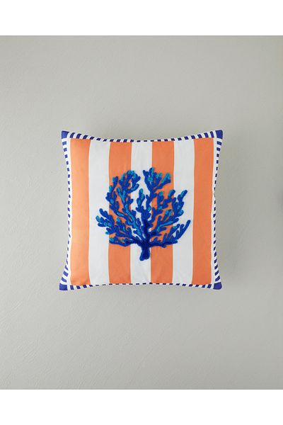 English Home Navy Blue-orange Corallo Punch Embroidered Decorative Throw Pillow