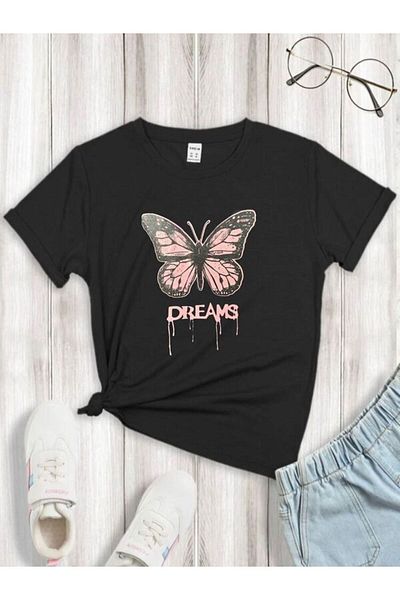 YUNAYT Tricou pentru copii cu imprimeu fluture Visuri Roz Negru