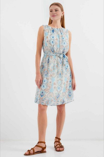 hazelin Rochie albastră din șifon - culoare crem, curea, talie elastică, imprimeu, mânecă zero HZL24S-BD 125011