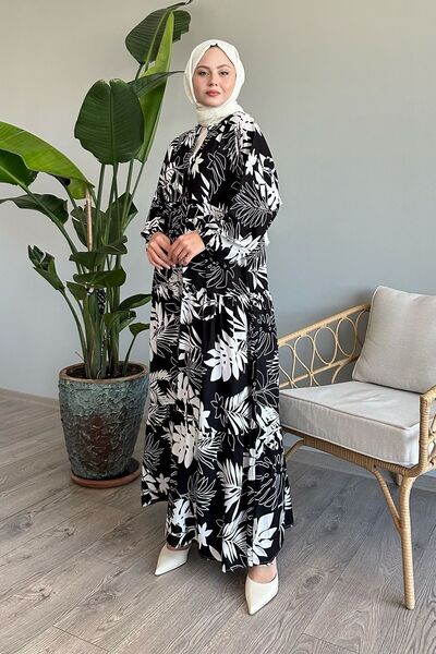 InStyle Black Viscose - Balloon Sleeve and Palm Patterned Dress