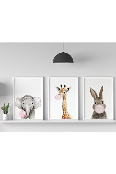 uckanlar 3'lü Tablo Tasarımı, Dekor, Çocuk Odası, Bebek Odası, Dekoratif, Hayvanlar, Çerçeveli