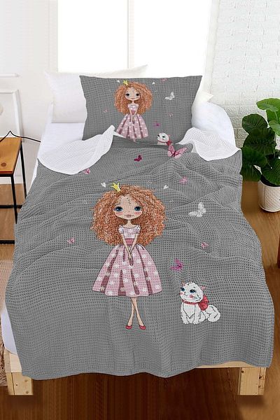 CAPRİCE HALI Princess Fairy Girl and Cat Patterned Single Pique (with Pillow Case)