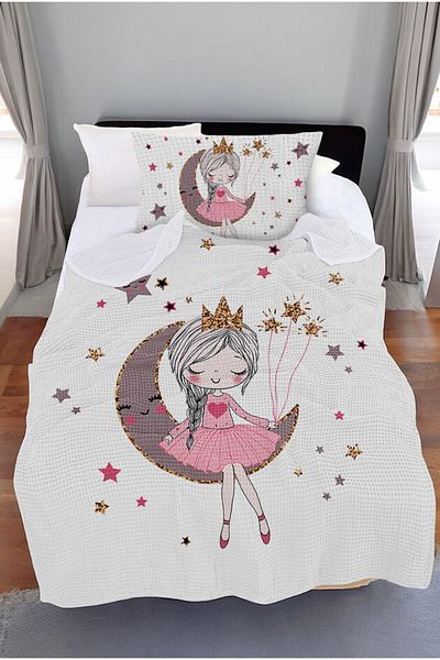 CAPRİCE HALI Cute Girl Sitting on the White Moon Princess Patterned Single Pique (with Pillow Case)