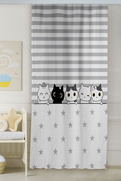 CAPRİCE HALI Yıldızlı Kedili Çift Kanatlı Çocuk Odası Fon Perde