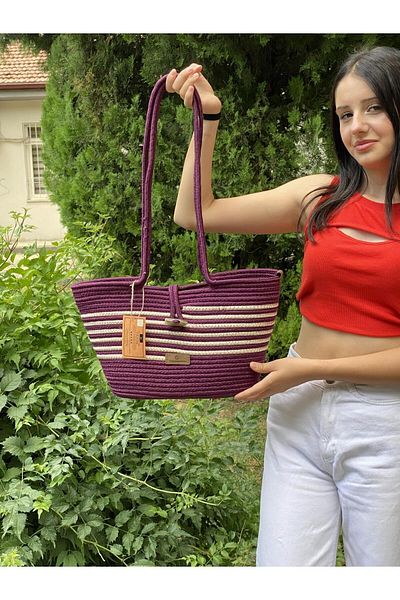 BDZ DERİ Jute Straw Looking Handbag Beach Bag Shoulder Bag