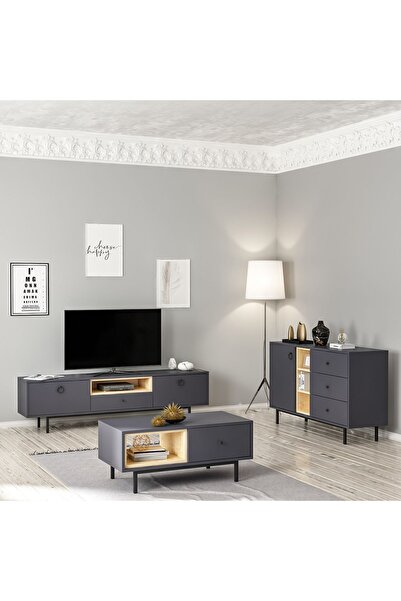 İNARCH DİZAYN Naturel Tv Ünitesi - Orta Sehpa - Konsol 3'lü Takım Antrasit - Safir Meşe