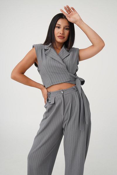 Hipo Trend Gray Striped Side Tie Double Suit Set