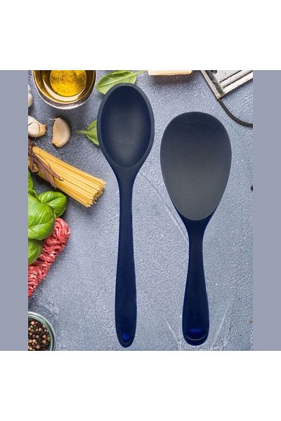 Multiamo Hard Tip Heat Resistant Fireproof Non-Stick Silicone Long Spoon 28 Cm + Short Spoon 22 Cm / 2 Pcs