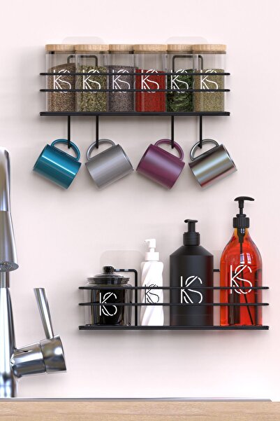 Genel Markalar Mutfak Rafı 2'li Set Yapışkanlı Lüks Modern Siyah Metal Baharatlık Rafı Organizer Düzenleyici