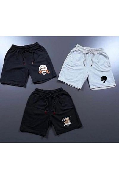 NO 601 Unisex Set of 3 - 2 Black, 1 Gray Gka Printed Classic Combed Cotton Shorts