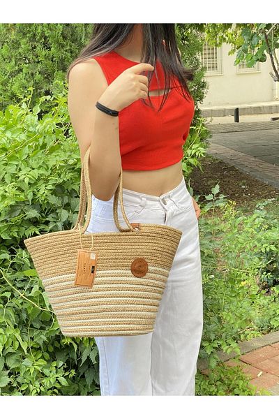 BDZ DERİ Jute Straw Looking Handbag Beach Bag Shoulder Bag